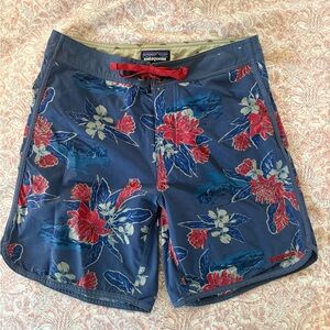 Patagonia Men's Floral Swim Shorts - Blue and Red